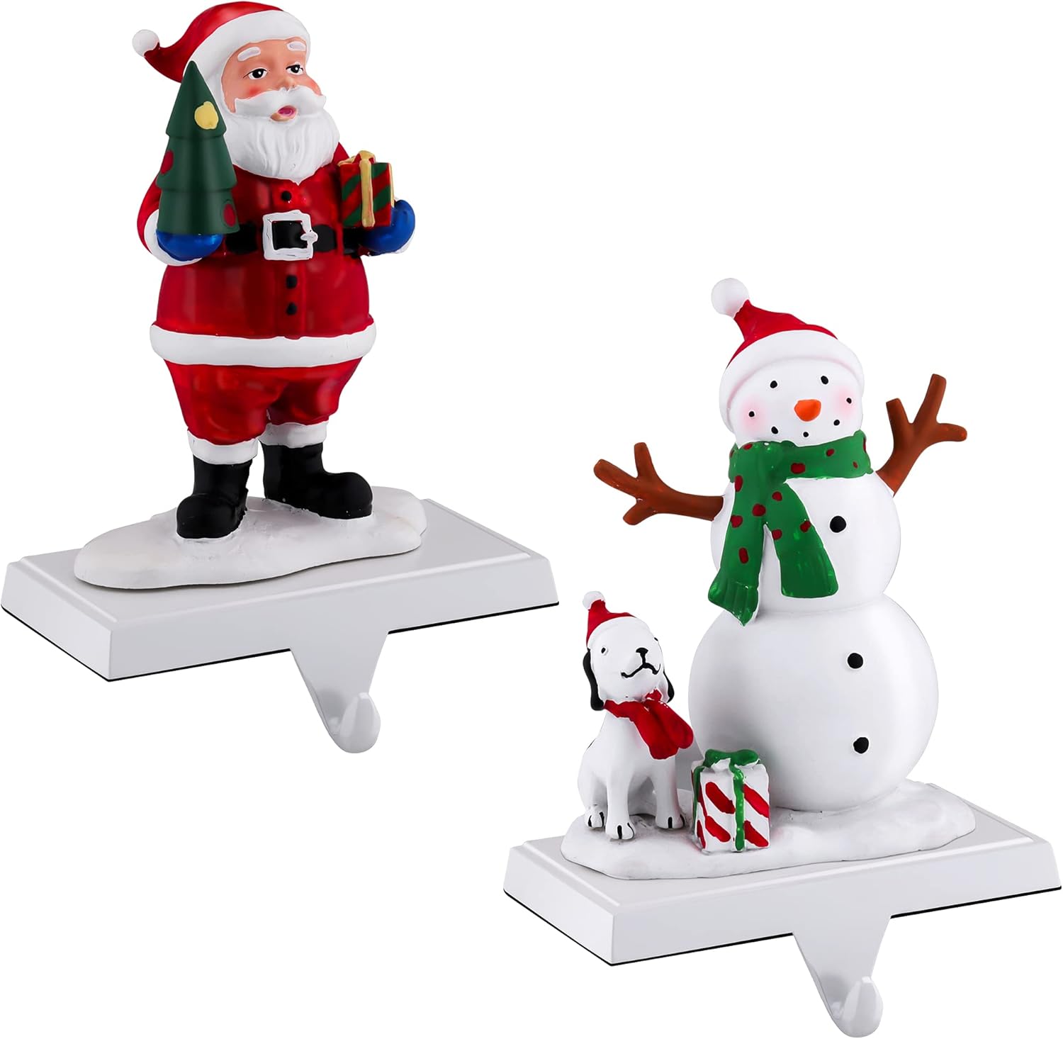 Ornament Hooks - MCEAST Set of 2 Christmas Stocking Holders Snowman and Santa Resin Metal Stocking Hangers Mantel Hook Hangers Fireplace Stocking Hooks for Christmas Decoration