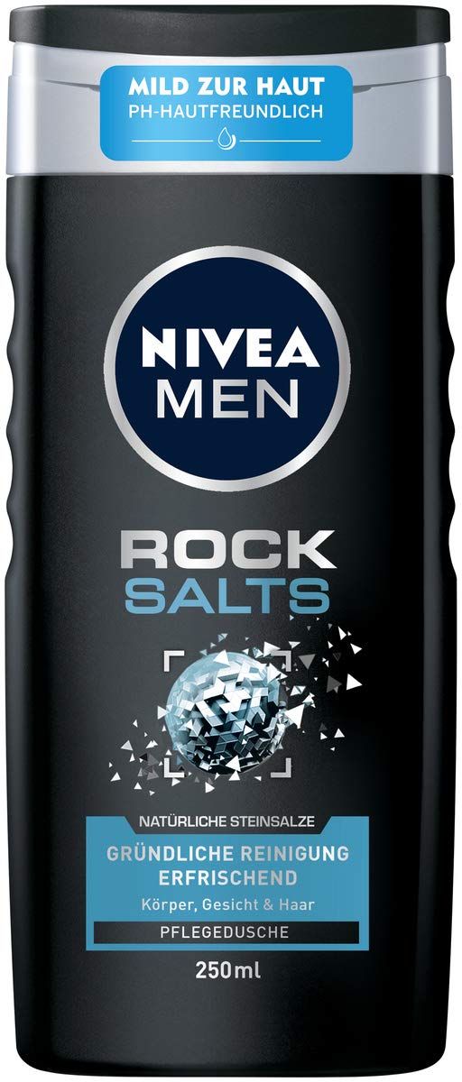 NIVEA MEN Rock Salts Nourishing Shower Gel (250 ml), Refreshing Shower Gel with Natural Rock Salts, pH Skin-Friendly Shower for Body, Face and Hair