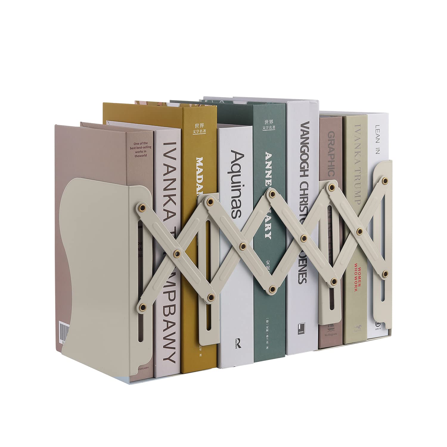 Expandable Metal Bookends, MSDADA Adjustable Book Ends Heavy Duty Book Holder Desktop Book Stand Non-Skid Desk Organizer for Kids Student Home Office School Bookshelf Book Storage (Beige)