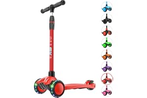 Allek Kick Scooter B03, Lean 'N Glide 3-Wheeled Push Scooter with Extra Wide PU Light-Up Wheels, Any Height Adjustable Handlebar and Strong Thick Deck for Children from 3-12yrs (Red)
