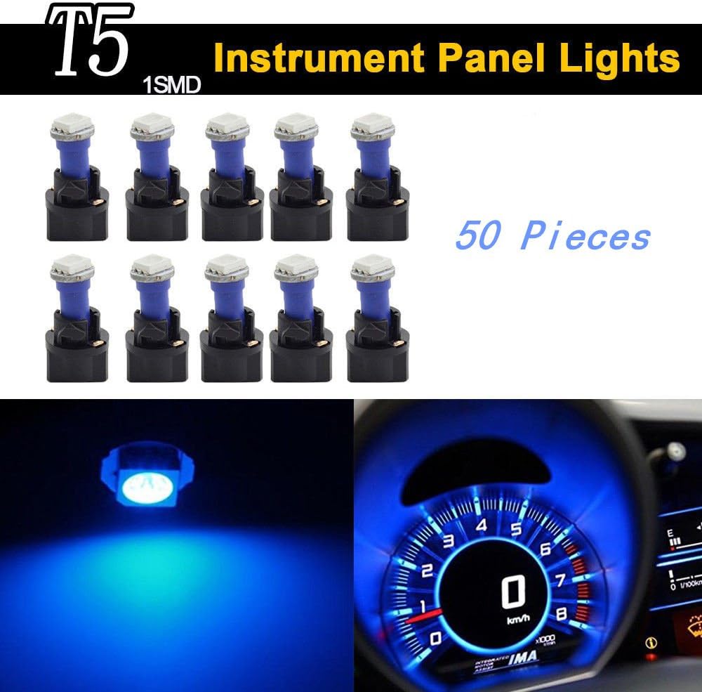 Keyecu 50 Pieces Blue 12V PC74 T5 1SMD 5050 LED Car Motorcycle Instrument Panel Cluster Gauge Dash Light Speedometer Odometer Tachometer Lamp (50, Blue)