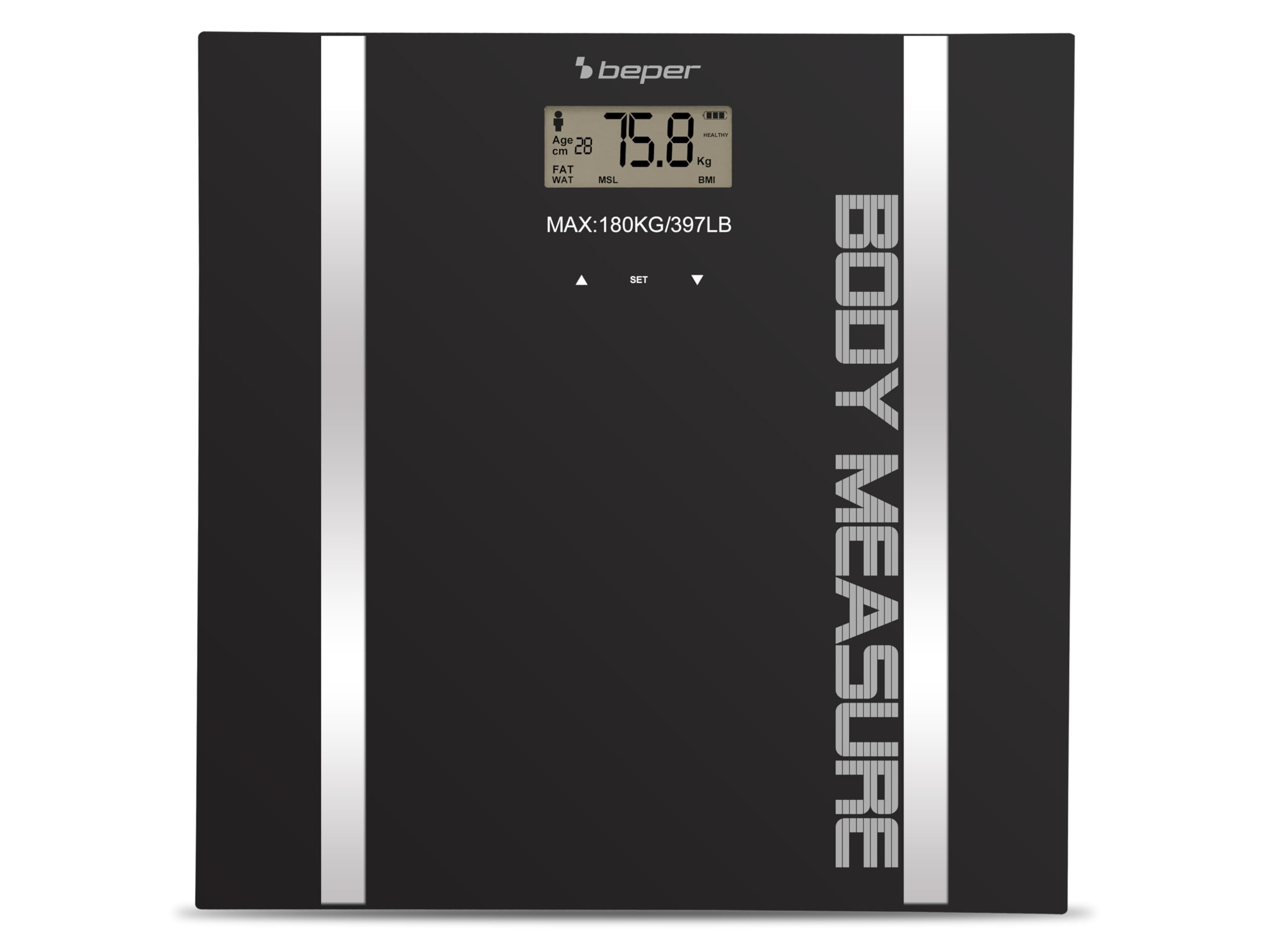 BEPER 40.808A Impedance Scale, Scale for Body Weight, Body Mass and Liquid Percentage Scale, 10 Memory Locations, LCD Display, Hardened Glass Surface, Black, 4 x 33 x 33 cm