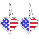 4th of July Earrings for Women 925 Sterling Silver Heart American Flag Dangle Earrings USA Independence Day Patriotic Jewelry Gifts For Women