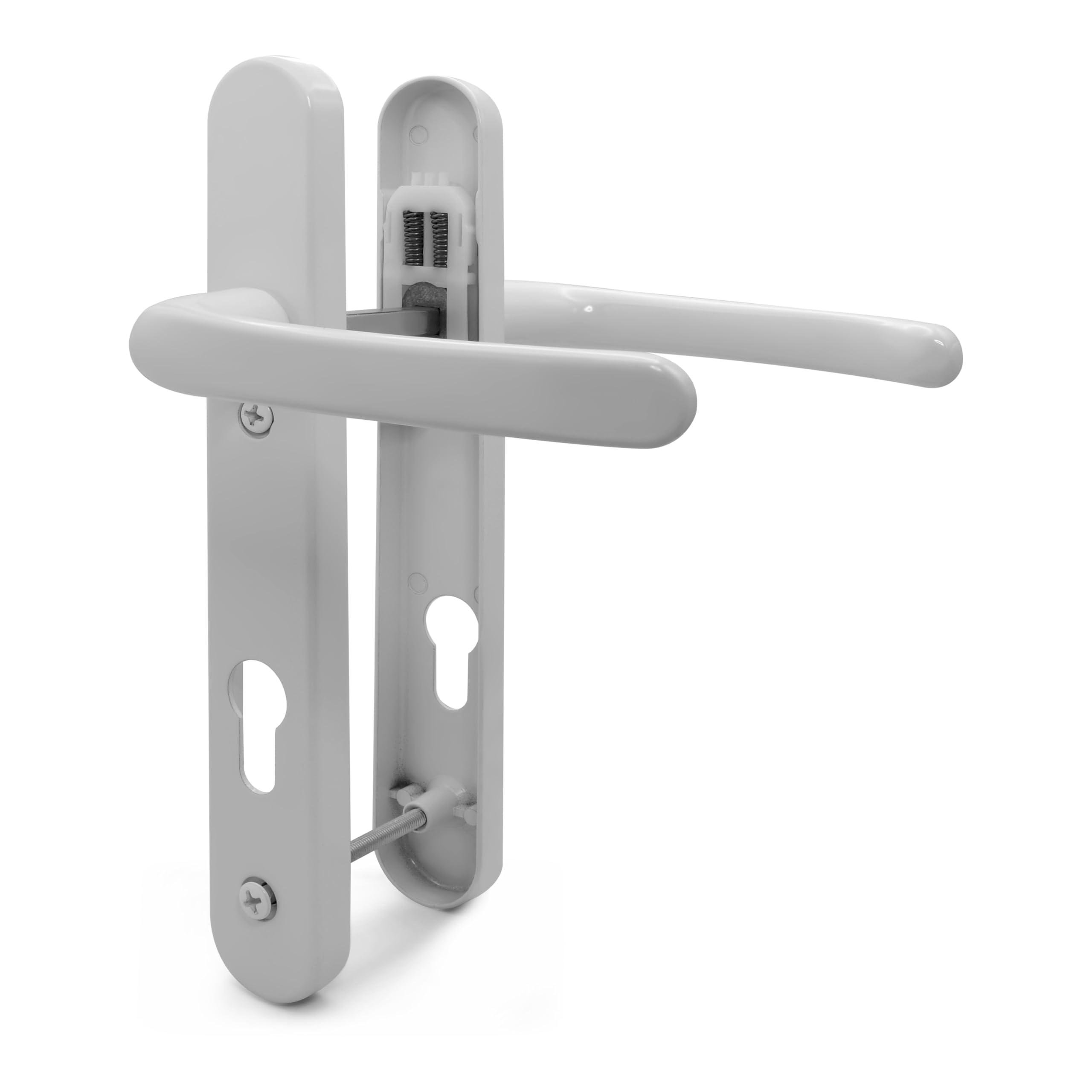 TSS White UPVC Door Handle Pair Set, Sprung, 92mm PZ (Centres), Lever Lever, 122mm Screw to Screw (Screw centres), Backplate 245mm x 34mm - Replacement PVC Door Handle in White