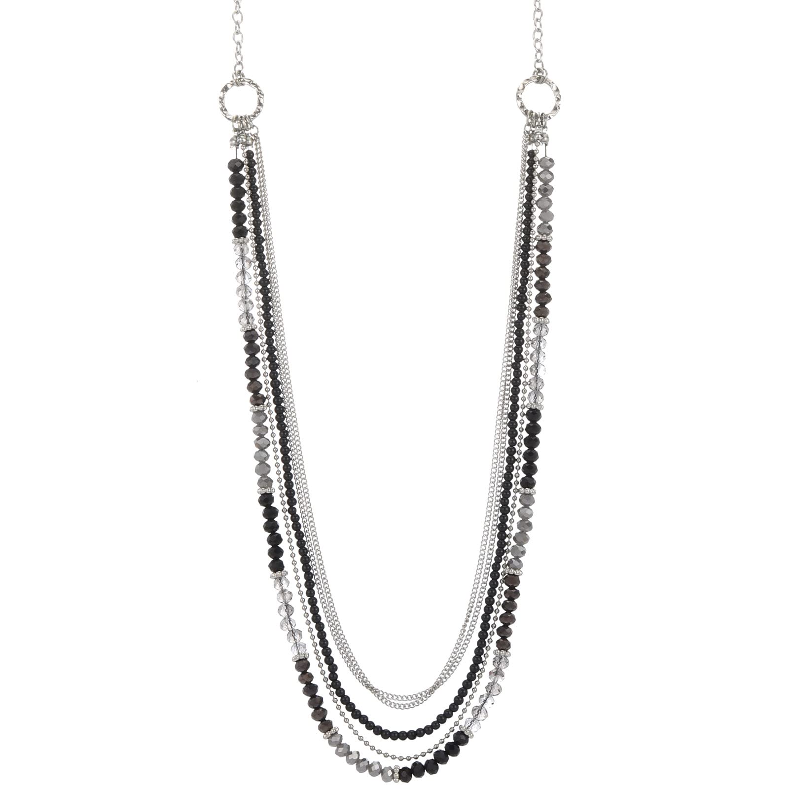 FULU AUTUMN Silver Layered Long Necklace for Women Pearl Crystal Sweater Strand Chain Necklaces Costume Jewellery Birthday Gifts(03-Black)