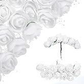 Yolev 144Pcs Mini Artificial Rose Flower Heads and Soft Stem Small White Flowers with Gauze PE Mini Flowers for Crafts DIY Wedding Bouquet Hair Clips Headbands Wreath Bridal Shower Party Home Decor