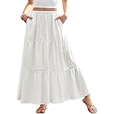 DJT Women's Boho Elegant Lace Trim Swing Tiered Maxi Skirt High Waisted Tie A Line Flowy Long Skirts with Pockets
