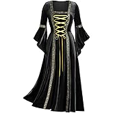 Women's Gothic Renaissance DressRetro Velour Square Neck Flare Sleeve Lace Up Long Gown Medieval Maiden Costume (05# Black, L)