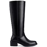 Gothictor Women's Banana Knee High Boots Square Toe Chunky Block Heel Comfortable Low Heel Pull on Wide Calf Riding Long Boots for Women