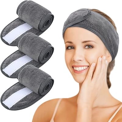 KinHwa 3 Pack Spa Facial Headband Adjustable Microfibre Hair Band Grey