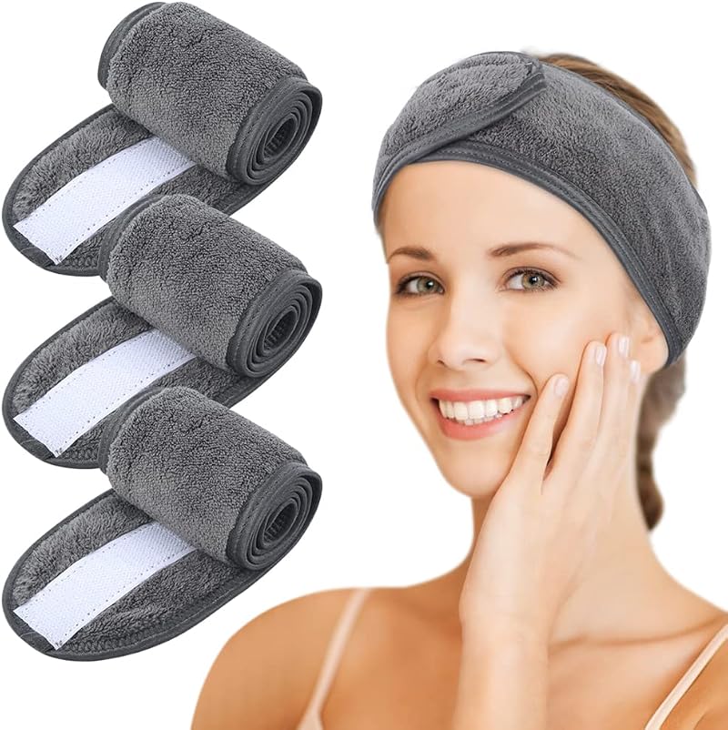 KinHwa 3 Pack Spa Facial Headband Microfiber Adjustable Velcro Hair Band Light