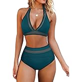 OMKAGI Women Mesh High Waisted Bikini Set Sexy V Neck Tummy Control Swimsuit Bathing Suit