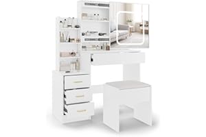 Modern Vanity with Sliding LED Mirror, Dressing Table with Charging Station & 4 Drawers, 3 Lighting Modes, Cushioned Stool & 