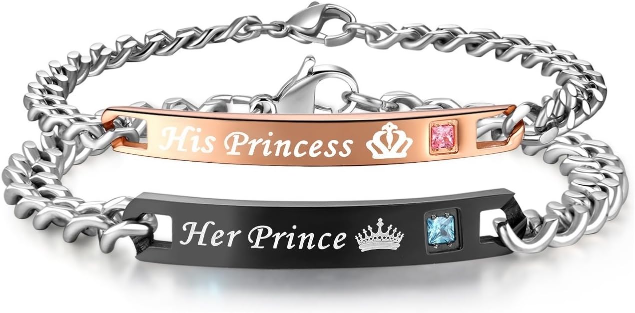 Happy Jewelry His Princess Her Prince Couple Bracelet Matching Set Valentine Engagement Promise Gift in a Gift Box (A Set)