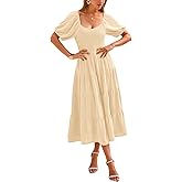 PRETTYGARDEN Women's Spring Dresses 2025 Puff Sleeve V Neck Swiss Dot High Waist Chiffon Dress Tiered Smocked Maxi Dresses