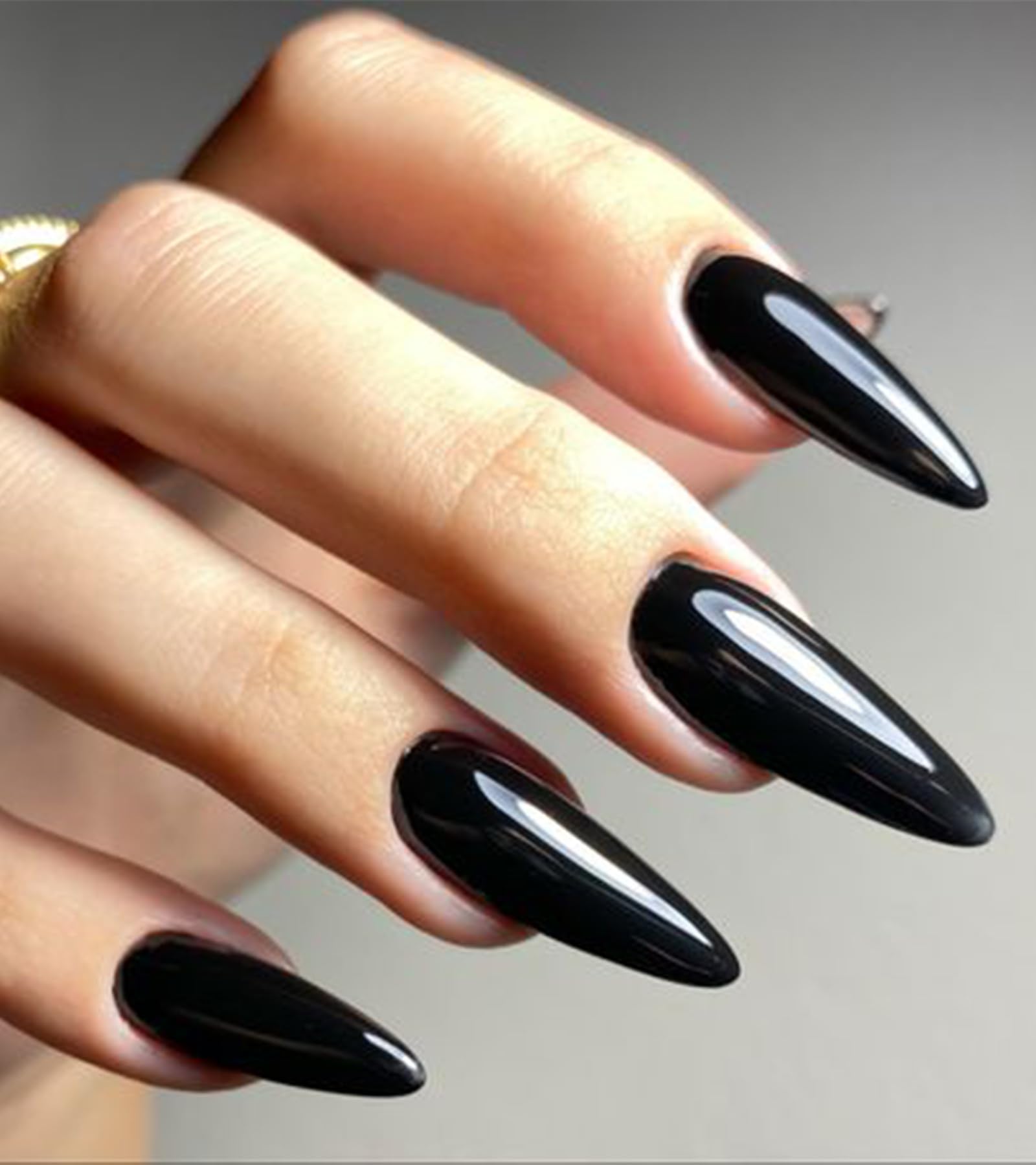 Black Press On Nails - Aegenacess Jelly Stiletto Fake Nails with Glue Sticker, Press On Nails Long, Glossy Stick On Nails in 12 Sizes, 24PCS Glue On Nails