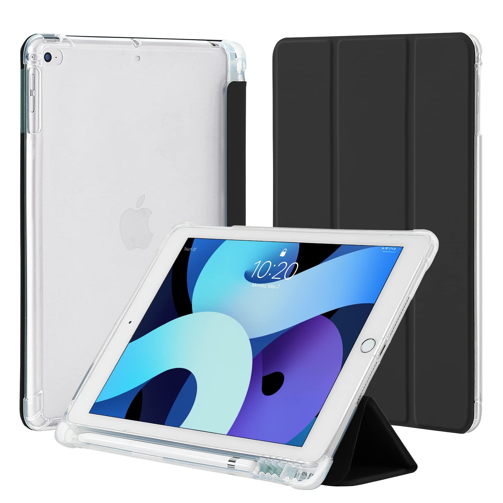 4UBonLife Case for iPad 6th / 5th Generation 9.7 inch 2018 2017 with Pencil Holder, Compatible with iPad Air 2/1, Slim Lightweight Soft TPU Case, Translucent Frosted Back Cover Shell, Black