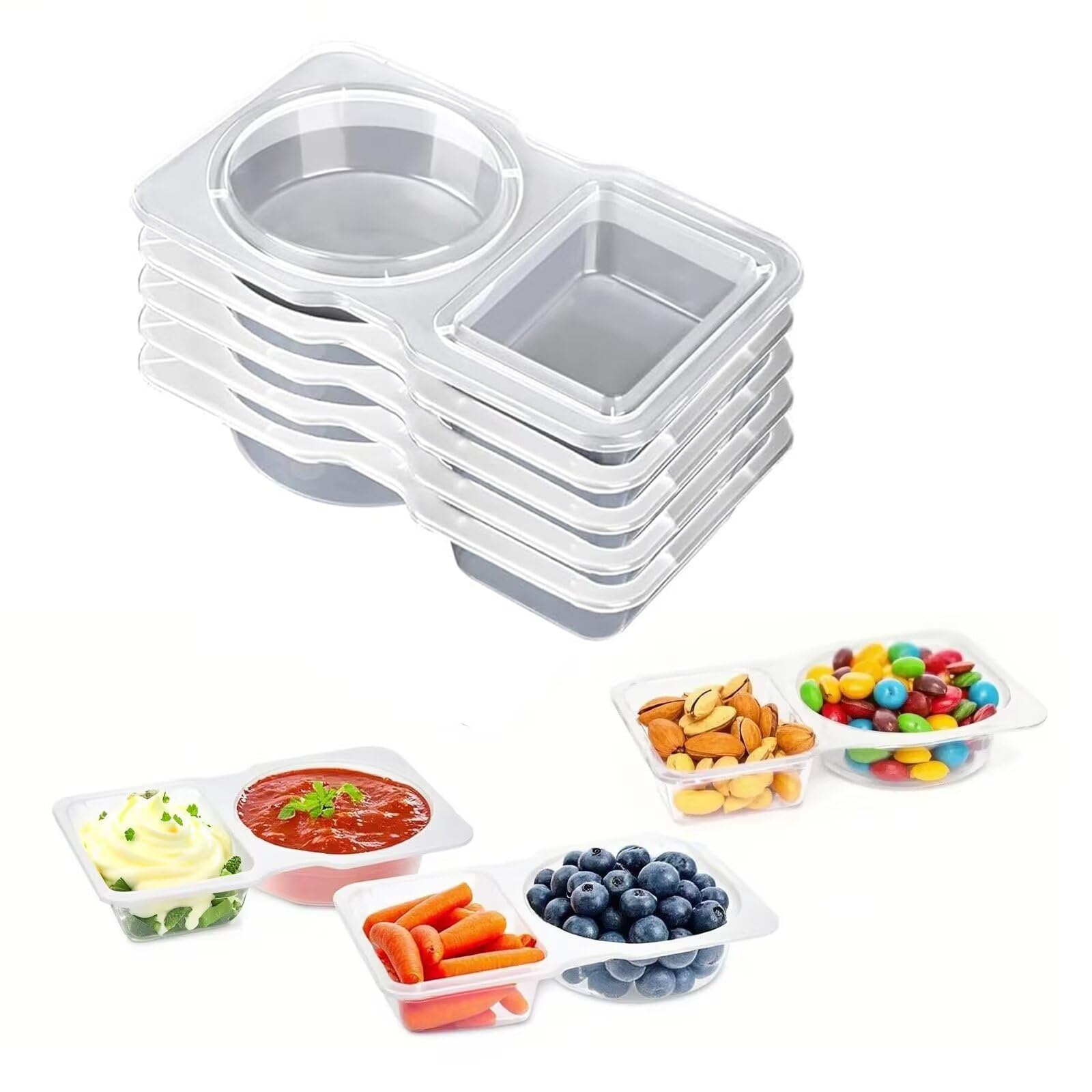 Photo 1 of 2Pack*******5pcs Reusable Snack Containers with Lids,2025 New 2 Compartment Plastic Containers for Pack Snacks,Leakproof Double Compartment Condiment Pack for Meal Prep, Portion Control,On-the-Go School Travel