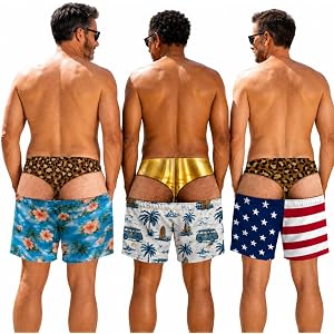 Hairy Butt Swim Trunks, Custom Patriotic American Flag Beach Shorts for Men, Funny Fake Butt and Thong Print Novelty Swimwear