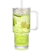 WeirdUncle Glass Tumbler with Handle, Lid and Straw, 26oz Thickened Iced coffee drinking glasses, Large capacity, Unbreakable, Ideal for Office, Travel, Every Day use and Gift (Clear Hammered)