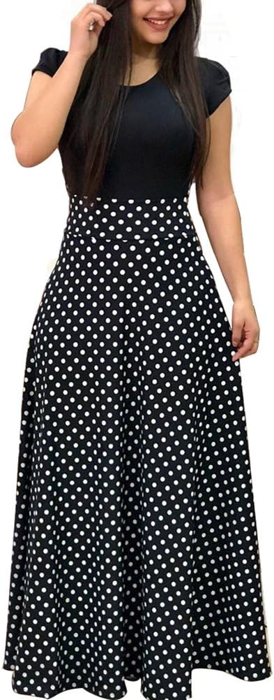 Womens Short Sleeve Floral Printed Splicing Color Prom Cocktail Swing Long Maxi Dress