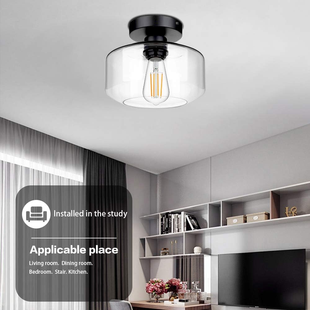 Industrial Semi Flush Mount Ceiling Light, Farmhouse Light Fixture with E26 Base Clear Glass Pendant Lamp Shade, Ceiling Light Fixture for Hallway, Entry, Porch, Kitchen, Bedroom, Dining Room, Bar - - 