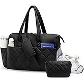 kookoomia Gym Bag for Women with Shoe Compartment, 2-PC Lightweight Puffer Weekender Duffle with Wet Pocket, Quilted Carry on Travel Bag for Overnight Diaper Dance Hospital, Water Resistant, Black