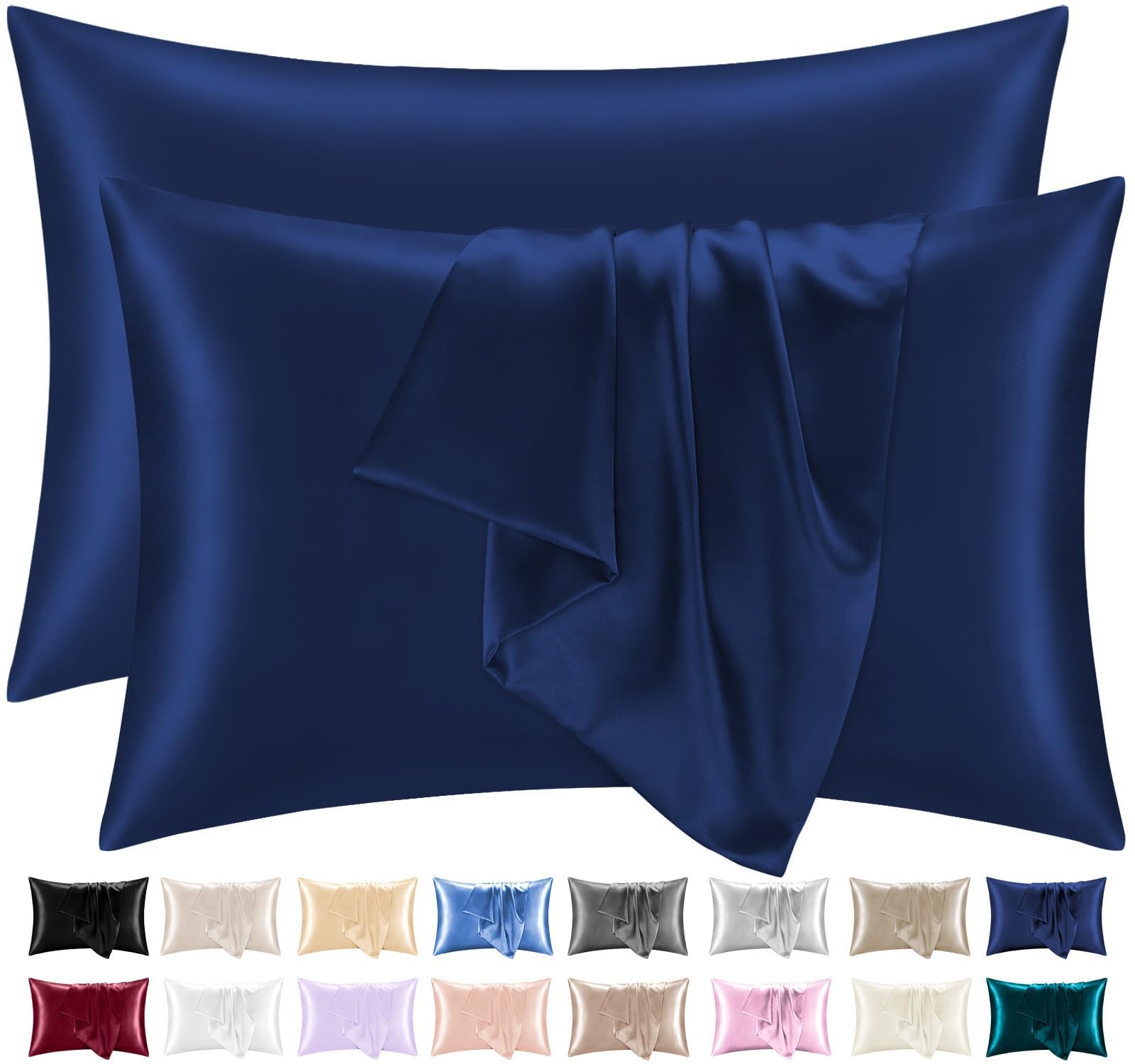 Lazzaro Satin Silk Pillowcases for Hair and Skin - Hypoallergenic Silk Pillow Cases 2 Pack with Envelope Closure - Ultrasoft Standard Size Navy Silk Pillowcases (50 x 75 cm)