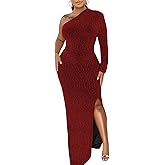 Women's Formal Evening Gowns Elegant Sparkly One Shoulder Maxi Dresses Sexy Long Sleeve High Split Party Long Dress