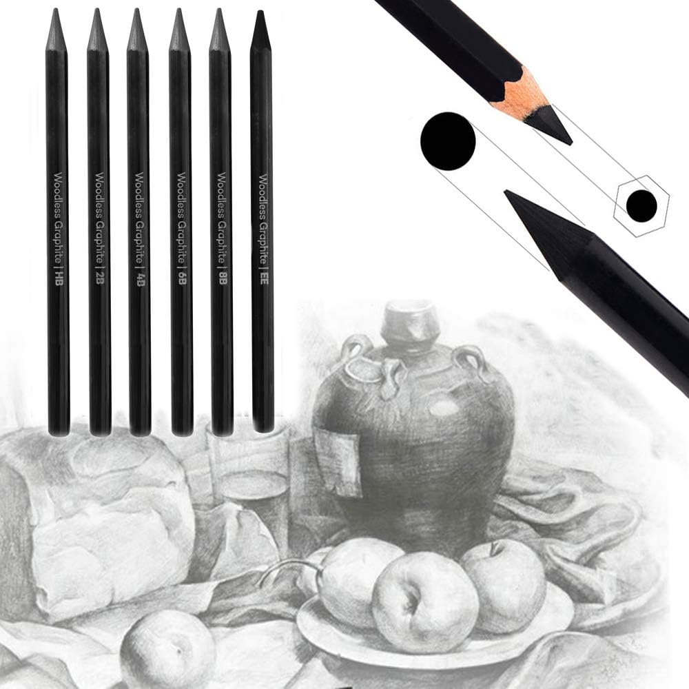 Woodless Charcoal Pencils Set,6 Pcs Professional Pure Carbon Sketch Pens Assorted HB 2B 4B 6B 8B EE Pencil for Drawing Sketching Painting Students Artist Beginners Kids - Image 5