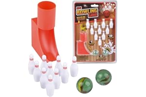 Gamie Mini Bowling Set for Kids, Desktop Bowling Game with Pins, Ramp, and Marble Bowling Balls, Unique Office Desk Toys and Travel Games for Kids and Adults, Great Bowling Gift Idea