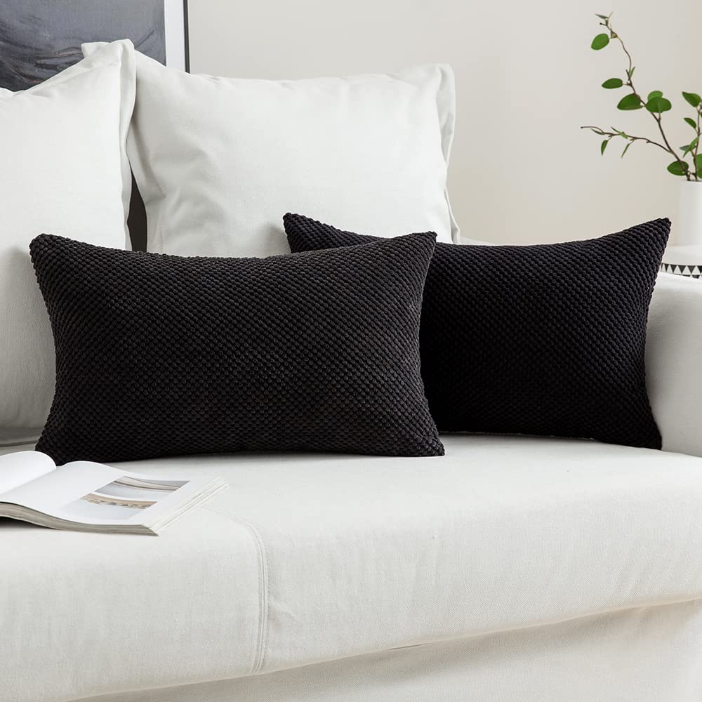 MIULEE Corduroy Cushion Cover Fabric Granule Throw Pillow Case Square Solid Home for Sofa Chair Couch Bedroom Decorative Pillowcases with Invisible Zipper 2 Pieces Black 40x60cm 16x24 Inch