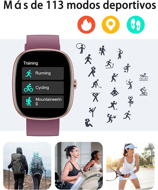 Reloj Inteligente Hombre Mujer con Llamadas Bluetooth 5.3, Smartwatch Deportivo 3ATM Impermeable con 113 Modos Deportivos, Monitor de Pulsómetro, Sueño y SpO2, Reloj Digital (Morado)