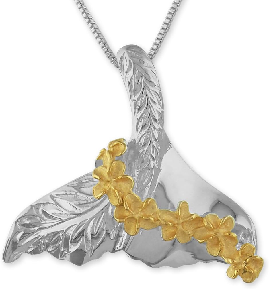 Hawaiian Silver JewelrySterling Silver Whale Tail Lei Pendant Necklace, 16+2" Extender