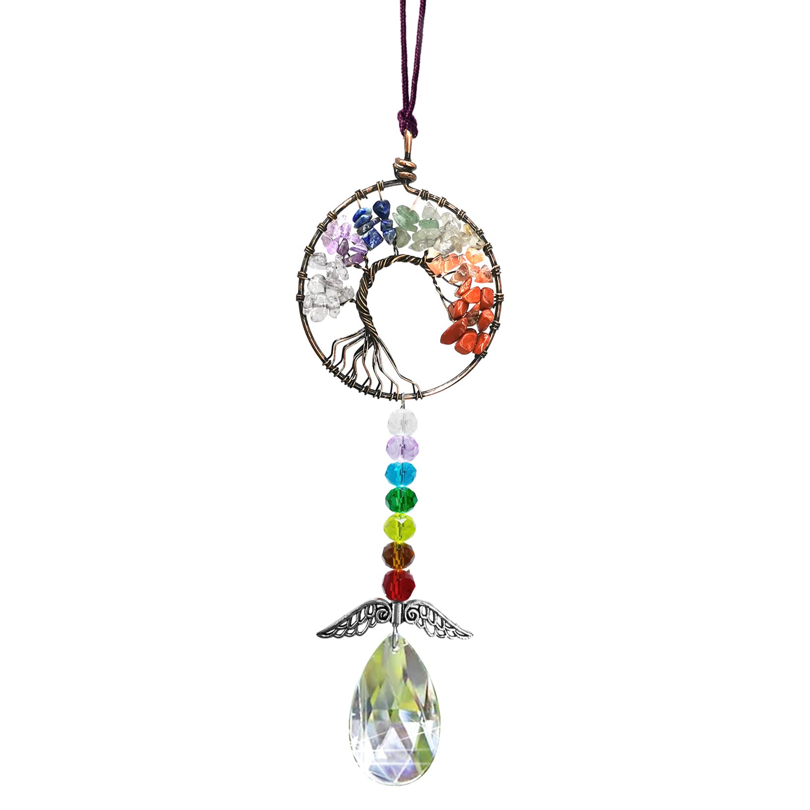Healing Crystal Decor Tree of Life Car Hanging Accessories Suncatcher with Wings 7 Chakras Window Hanging Decor Meditation Ornaments Home Decoration (colorful circle)
