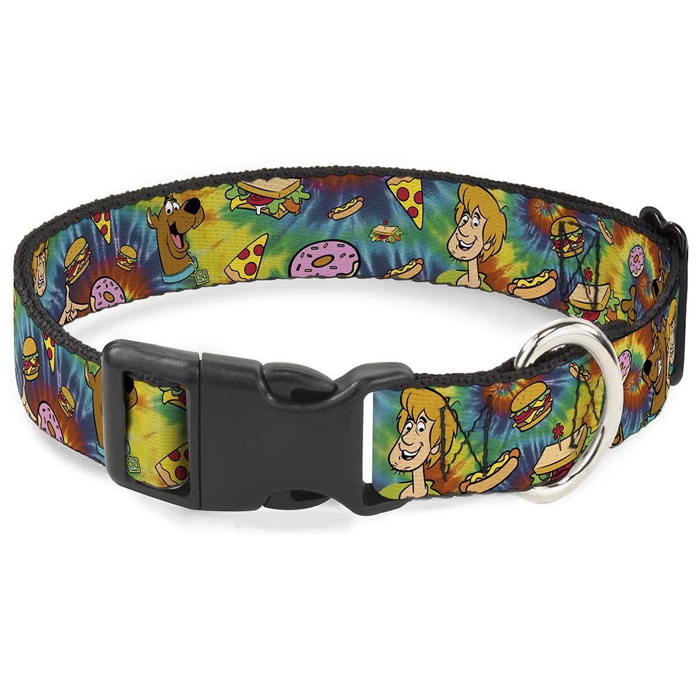 Dog Collar Plastic Clip Scooby Doo and Shaggy Poses Munchies Tie Dye Multi Color 11 to 17 Inches 1.0 Inch Wide