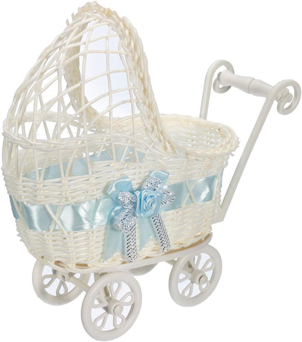 MOMOXY Pram Wicker Basket Hamper Storage with Handles Wheels (Blue)