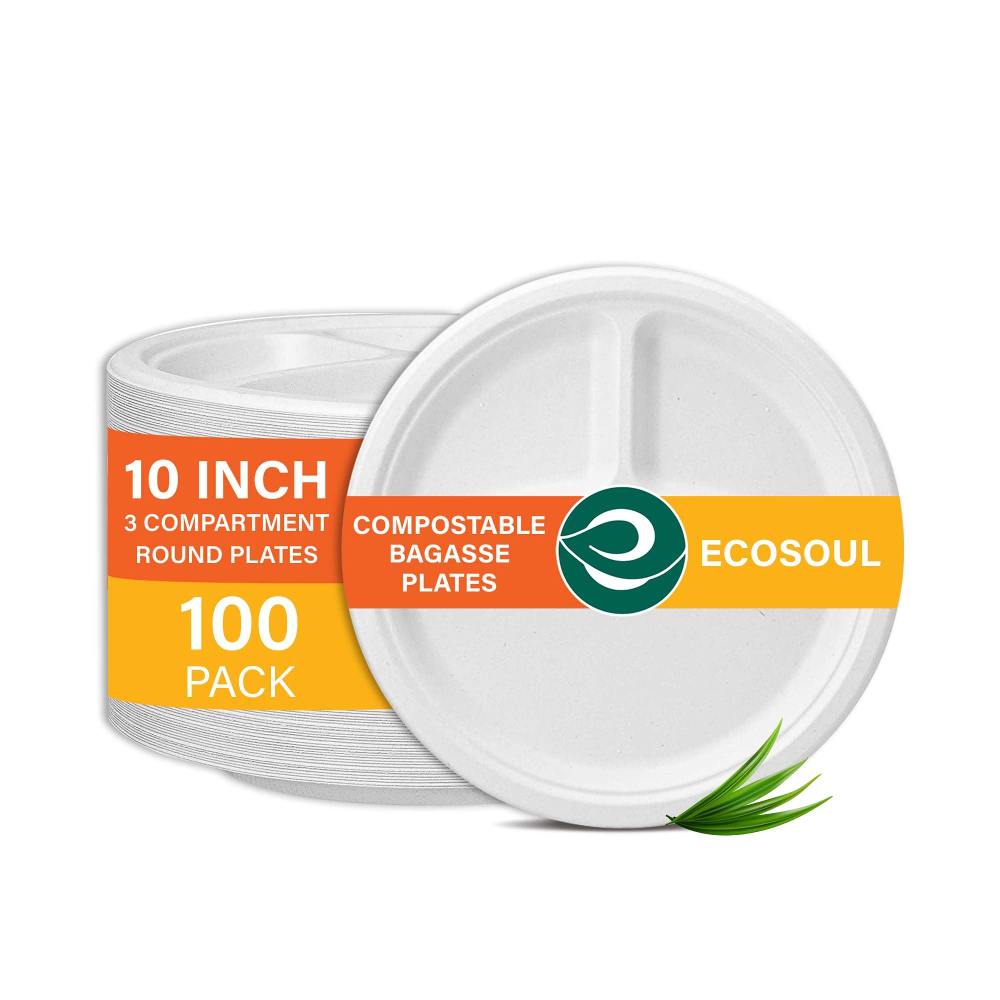 ECO SOUL Paper Plates (25Cm) 10" [100-Pack] Heavy Duty Compostable Sugarcane Bagasse 3 Comartment Plates | Eco Friendly Biodegradable Disposable Plate for Dinner, Parties & Events(White)