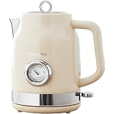 QUAXWELL Retro Electric Kettle, 1.7L, 304 Stainless Steel, Beige | Temperature Gauge, 1500W Fast Boiling, Auto Shut-Off &amp; Boil-Dry Protection, BPA-Free,Vintage water kettle, Cream Color