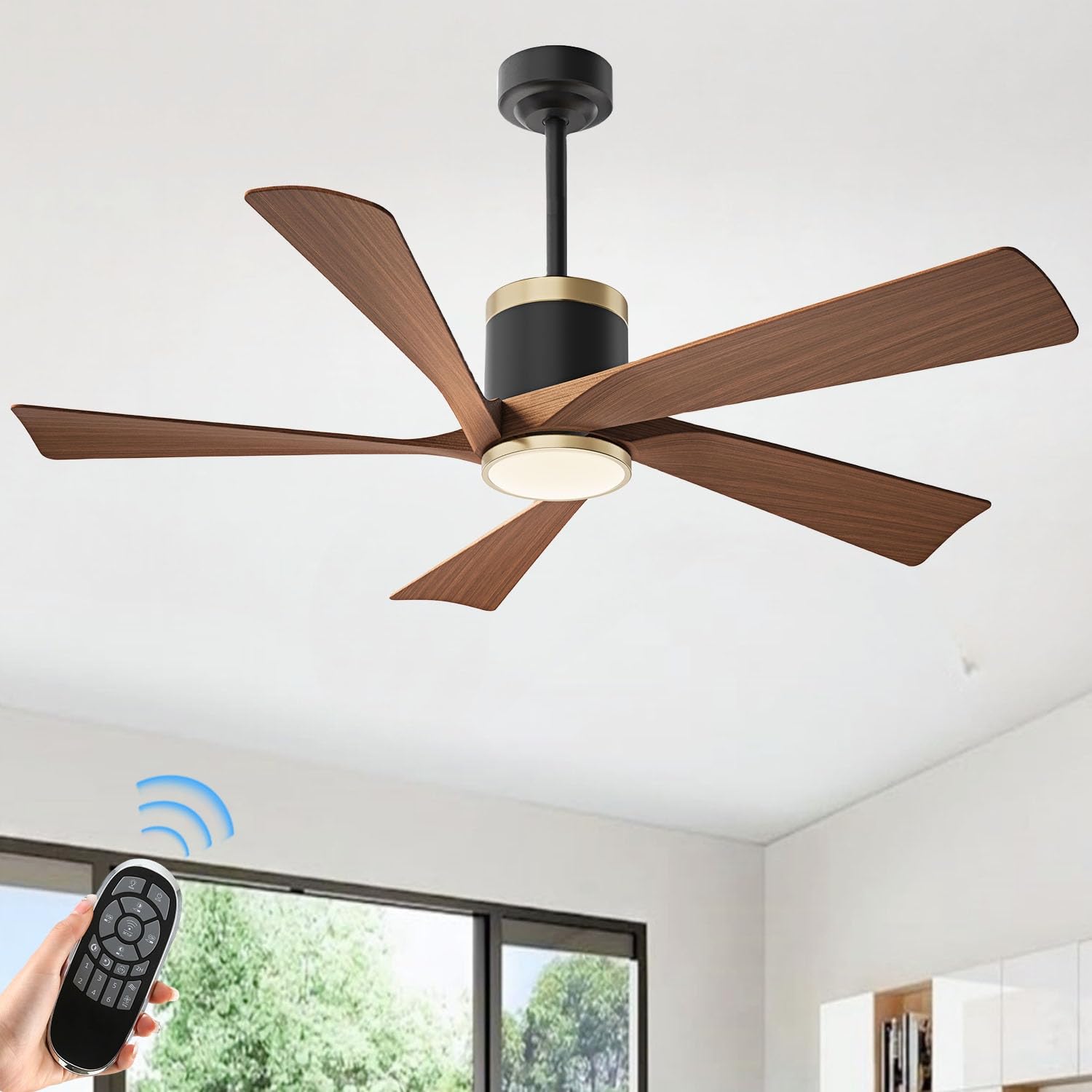 Photo 1 of TXCSLY 52'' Ceiling Fans with Lights, Modern Ceiling Fan with Remote Control, Indoor Outdoor Ceiling Fan for Living Room,Bedroom 5 Blade 3 Color Tempearture (Walnut)