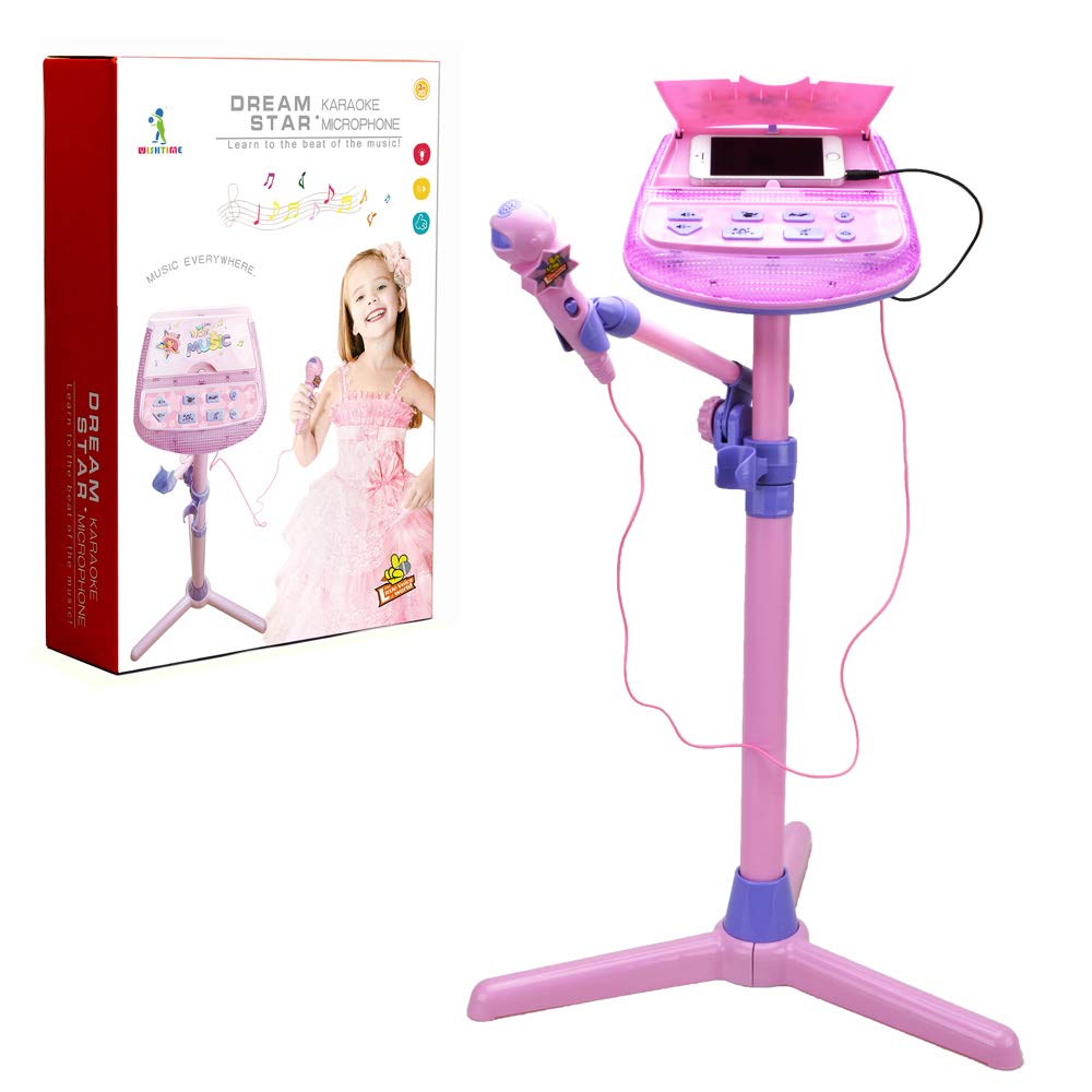 Kids Karaoke Microphone Musical Toys - Wishtime ZM16038 Kids Pink Karaoke Adjustable Stand With External Music Function & Flashing Lights Toy for Kids Children Girls