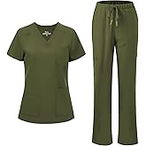 floralhue Scrubs for Women, V-Neck Scrubs Top & Cargo Pants with 12 Pockets, Yoga Waistband, 4 Way Stretch