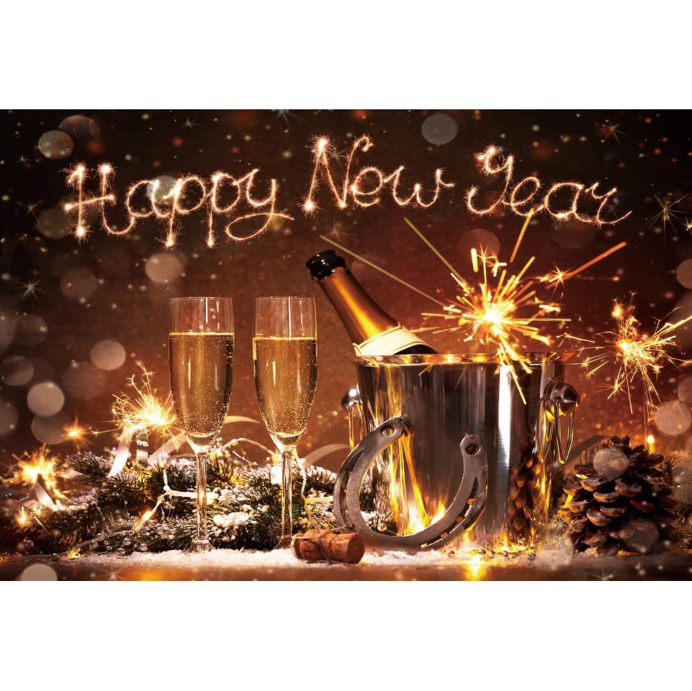 Happy New Year Backdrop 7x5ft Champagne Wine Cask Christmas Photography Background Gold Sparkling Fireworks Background Studio Photo Booth Prop