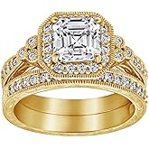 Amazon Essentials Platinum or Gold Plated Sterling Silver Antique Ring set with Asscher-Cut Infinite Elements Cubic Zirconia