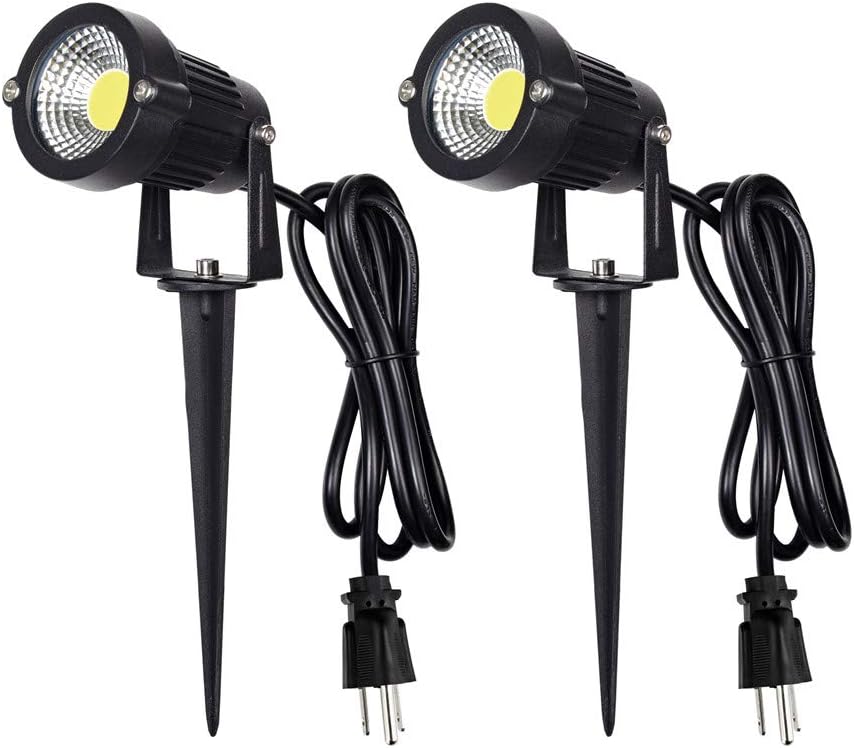 Outdoor Landscape LED Lighting 5W Waterproof Graden Lights COB Led Spotlights with Spiked Stand for Lawn Decorative Lamp US 3- Plug 6500K Daylight White Lights (2 Packs) - - 