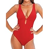 CUPSHE Women's One Piece Swimsuit Deep V Neck Keyhole Cutout O Ring Textured Bathing Suit