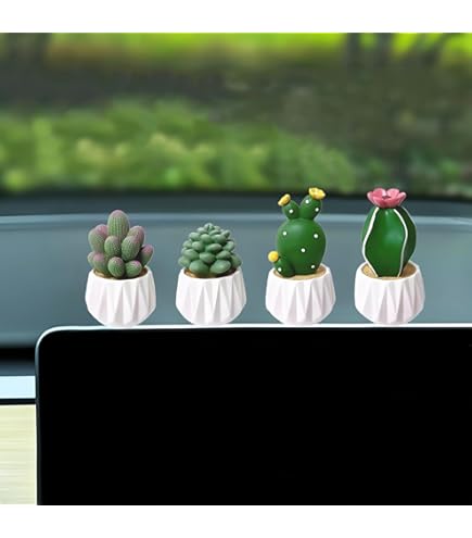 4 Figurines Cactus En Résine - Mini Décoration Verte Pour Voiture, Bureau, Table - Ornements Mignons Et Durables