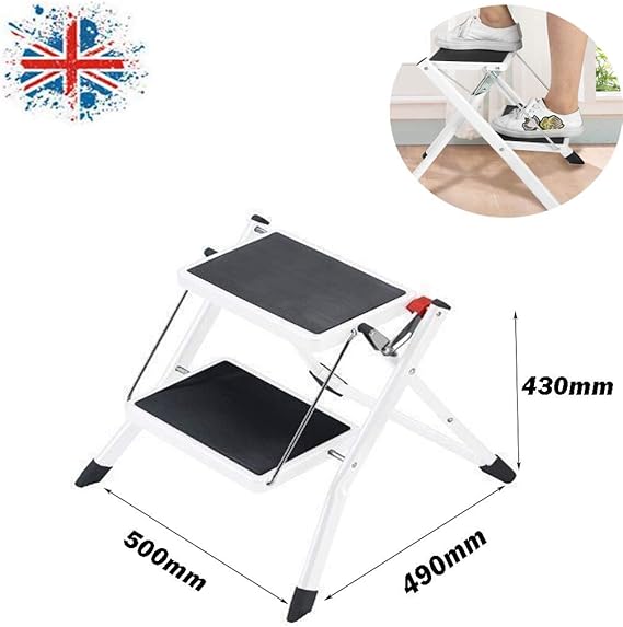 2 Step Ladder Heavy Duty Steel, Mini Small and Compact Folding Steps, 2