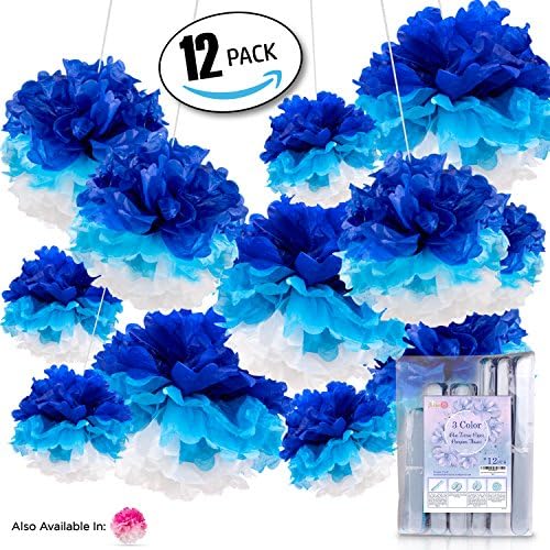 12pcs 3 Color Tissue Paper Pompom For Your Special Wedding Baby Shower Or Birthday Party Decoration (Blue)
