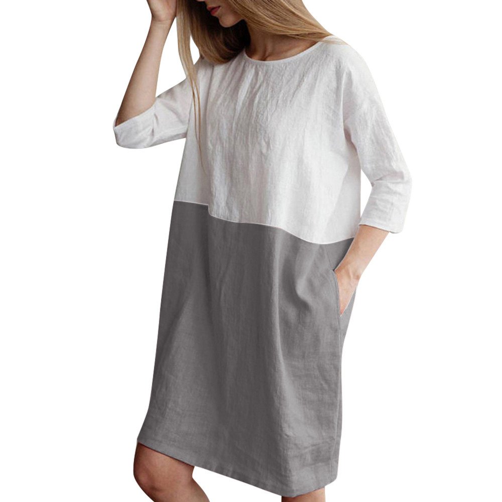 POTO Women Dresses, Loose Color Stitching Casual Dresses with Pockets Cotton Linen Tunic Dress Party Dress Beach Dress
